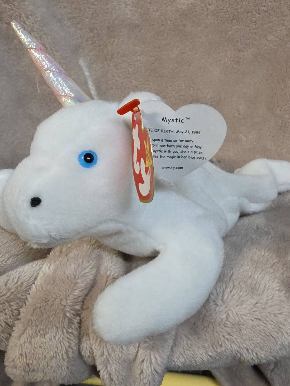 Ty White Mystic Unicorn Plush with Blue Eyes and Iridescent Horn